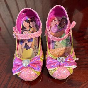 Girls Pink Glitter Princess Bow Shoes with Heart Gem